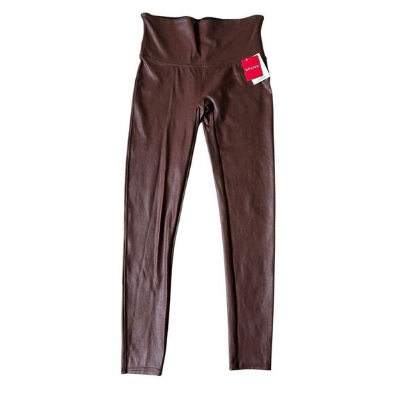 NEW SPANX Faux Leather Athletic Compression Leggings size L Shiny Brown Red - Picture 1 of 8